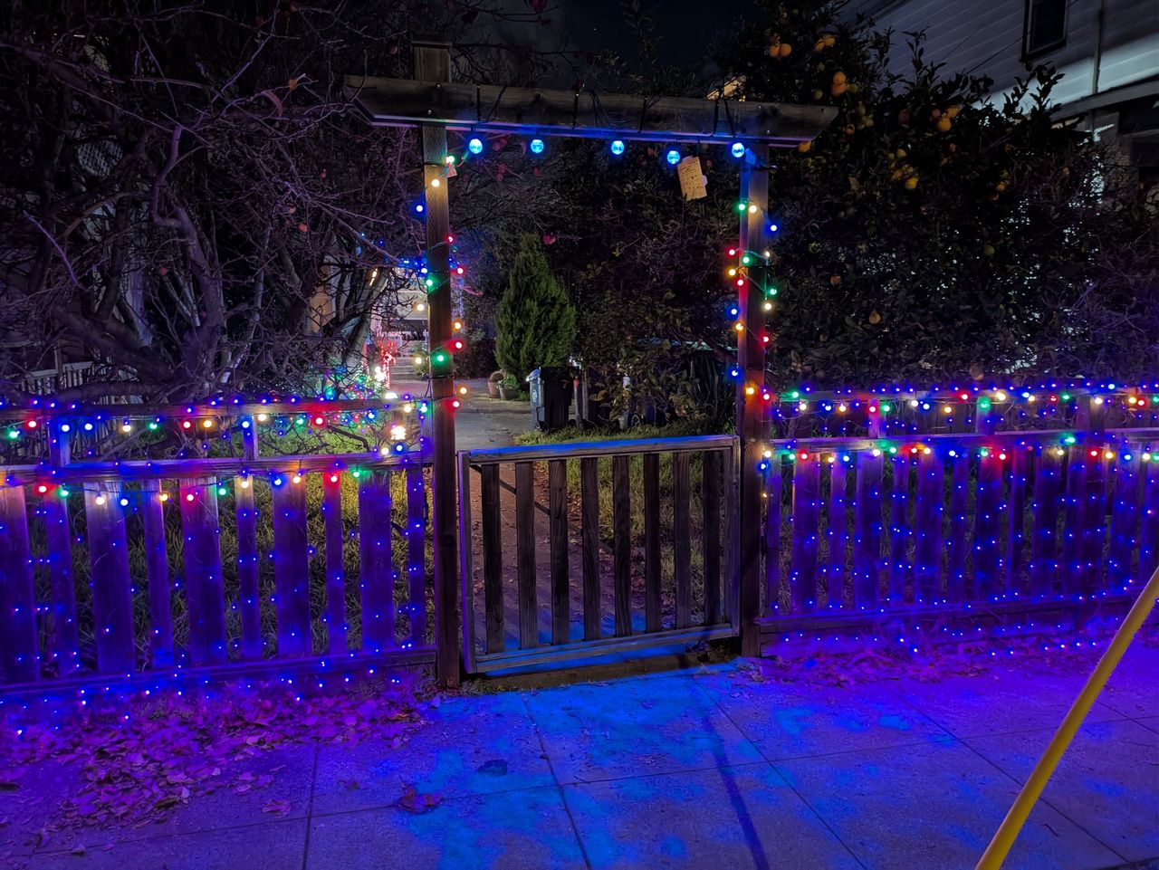 Holiday decorations at night shot by Pixel 8a