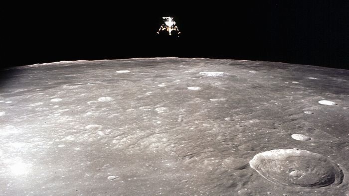 This view of the Apollo 12 lunar module was captured from lunar orbit by command module pilot Richard Gordon shortly after the two modules separated to prepare for the lunar landing.