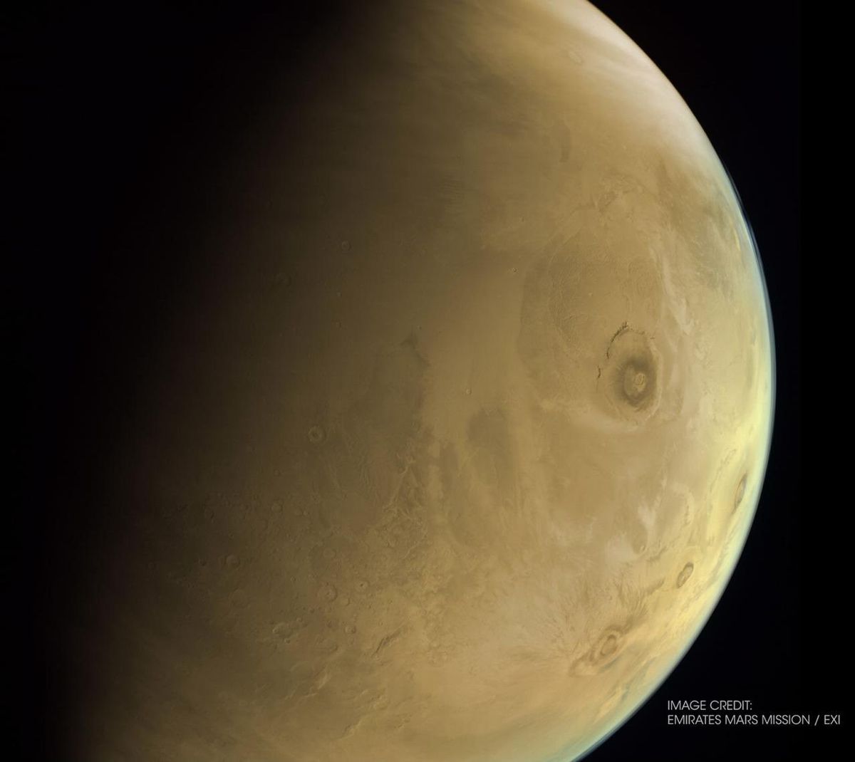 An image of Mars captured by the Hope spacecraft on Feb. 26, 2021, shows Olympus Mons, the largest volcano in the solar system.