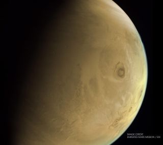 An image of Mars captured by the Hope spacecraft on Feb. 26, 2021, shows Olympus Mons, the largest volcano in the solar system.