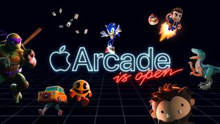 Apple Arcade logo against a black background with memorable video game characters such as Sonic The Hedgehog, Angry Birds, Barry from Jetpack Joyride, Pac-Man Donatello from Teenage Mutant Ninja Turtles