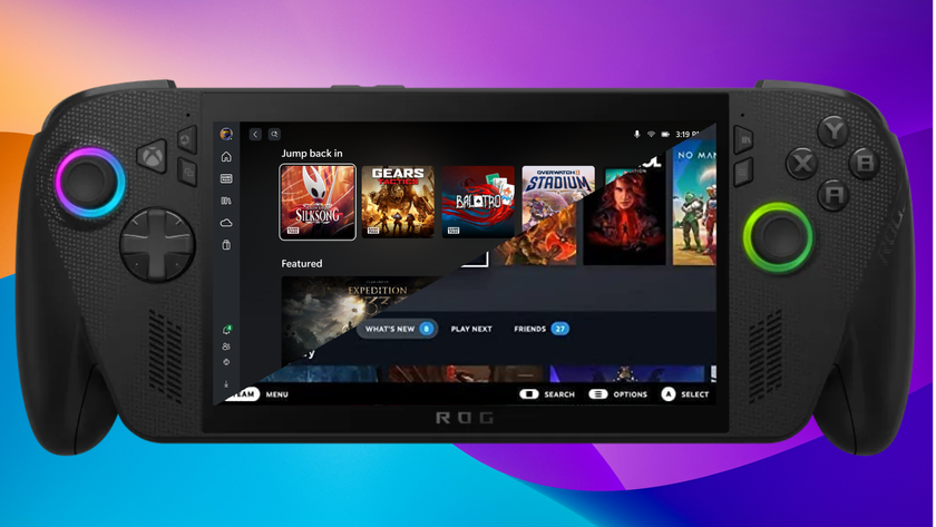 Xbox Ally X split down the middle with one side being Windows Xbox App and the other Bazzite