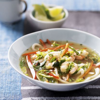 Healthy prawn noodle bowl-woman and home