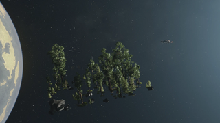 An image of a forest floating through space, magically attached to a ship in Starfield.