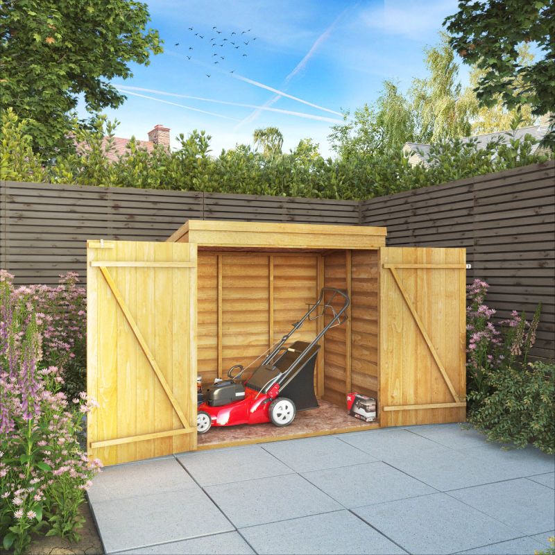 wooden storage shed with doors open showing mower inside