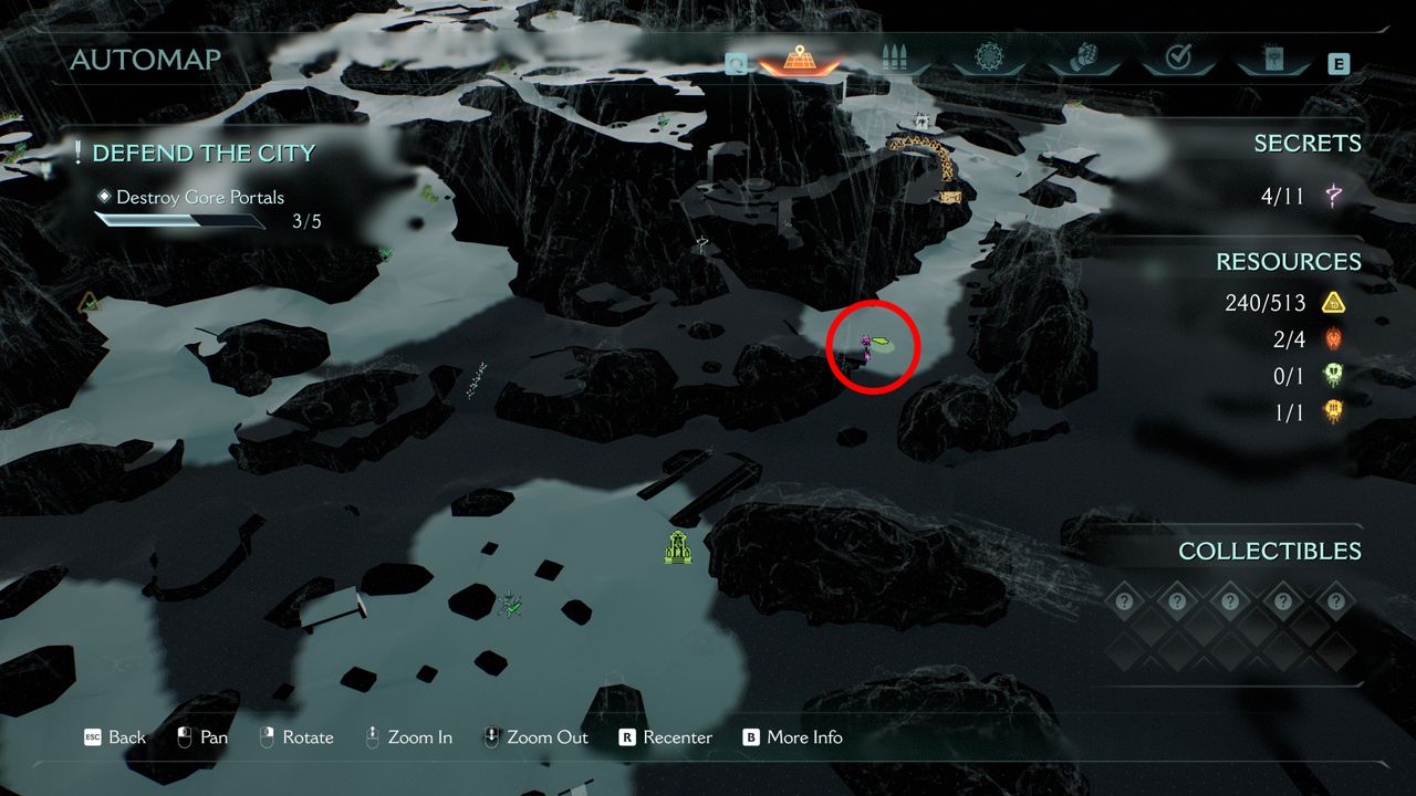 Doom: The Dark Ages purple key location Siege Part 1 - A map showing the location of the purple key near the first Sentinel Shrine, highlighted with a red circle.