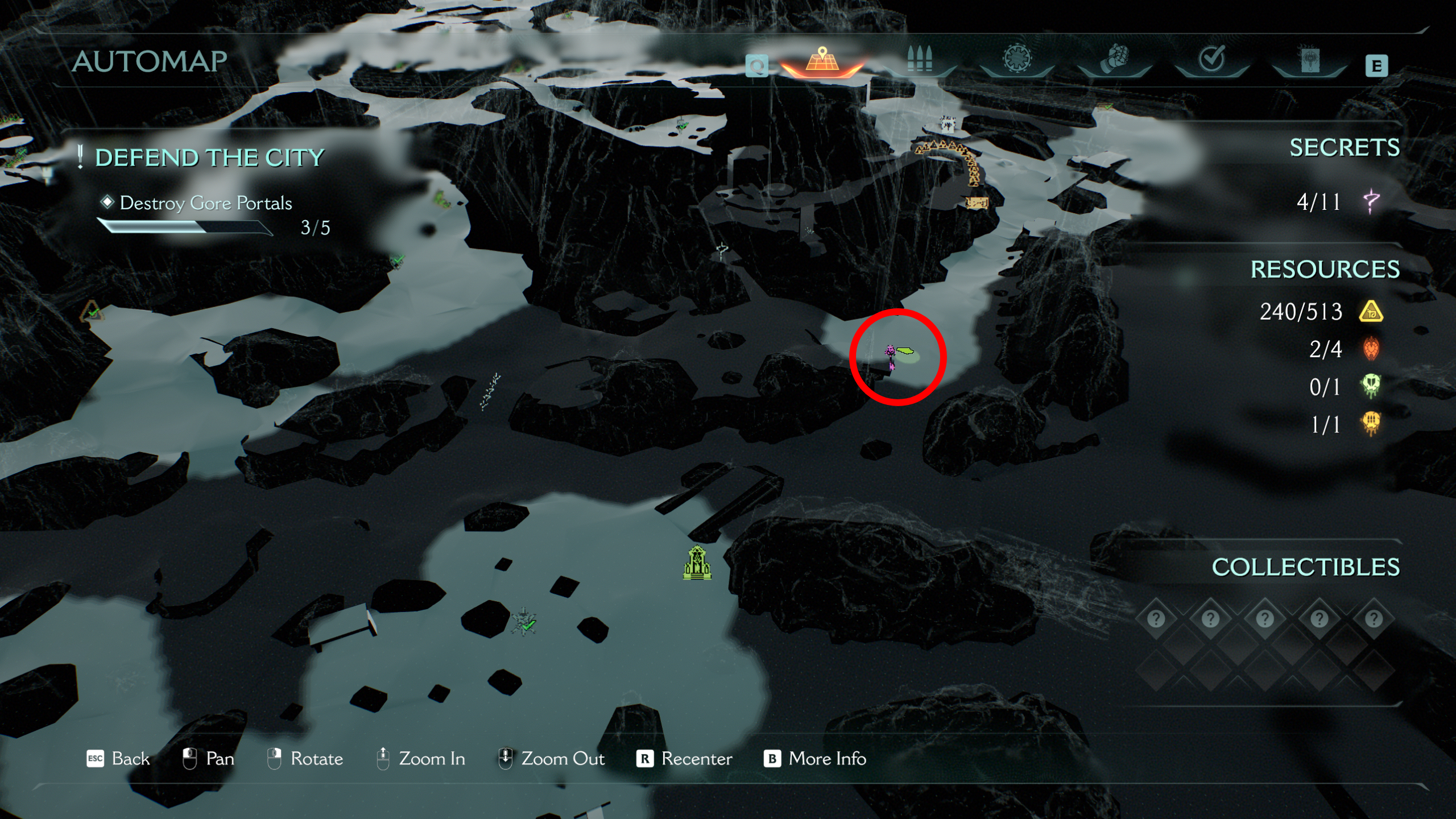 Doom: The Dark Ages purple key location Siege Part 1 - A map showing the location of the purple key near the first Sentinel Shrine, highlighted with a red circle.