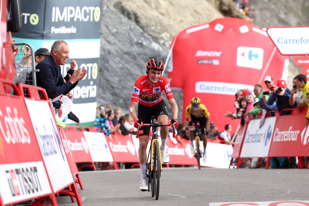 COL DU TOURMALET FRANCE SEPTEMBER 08 Sepp Kuss of The United States and Team JumboVisma Red Leader Jersey crosses the finish line during the 78th Tour of Spain 2023 a 1347km stage from Formigal Huesca la Magia to Col du Tourmalet 2115m UCIWT on September 08 2023 in Col du Tourmalet France Photo by Alexander HassensteinGetty Images
