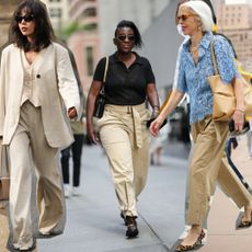 Six images of women wearing summer work outfits, including linen suits, button-down shirts, and pleated dresses