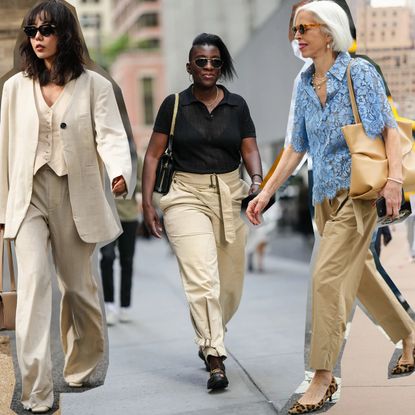 Six images of women wearing summer work outfits, including linen suits, button-down shirts, and pleated dresses