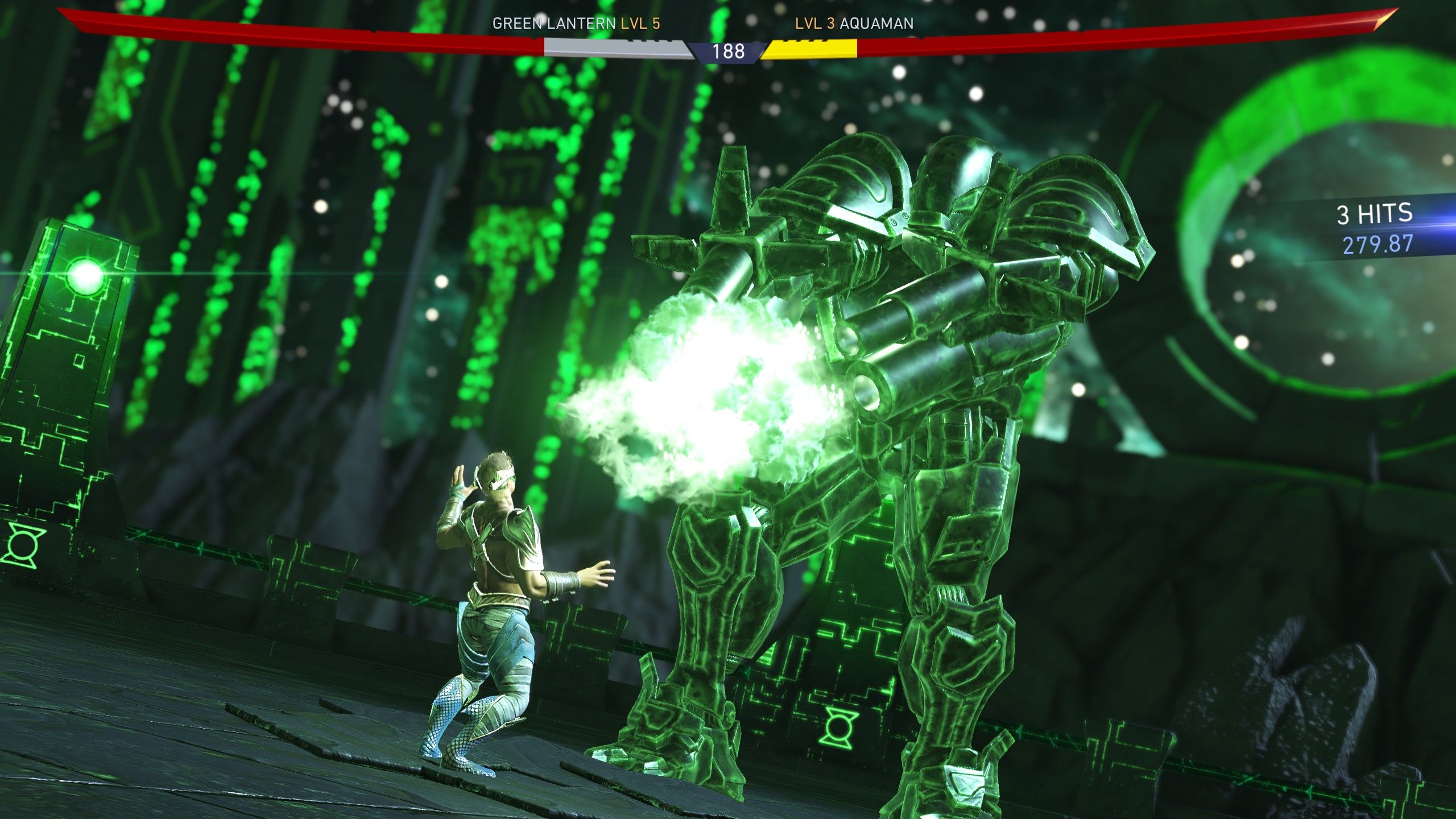 Green Lantern, inside a mech suit, shoots Aquaman