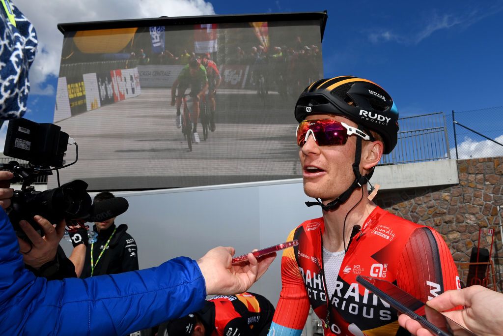 RITTEN ITALY APRIL 18 Jack Haig of Australia and Team Bahrain Victorious attends to the media press after the 46th Tour of the Alps 2023 Stage 2 a 1652km stage from Reith im Alpbachtal to Ritten 1174m on April 18 2023 in Reith im Alpbachtal Italy Photo by Tim de WaeleGetty Images