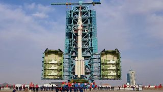 Shenzhou 15 and its Long March 2F rocket on the pad at Jiuquan spaceport on Nov. 21, 2022.