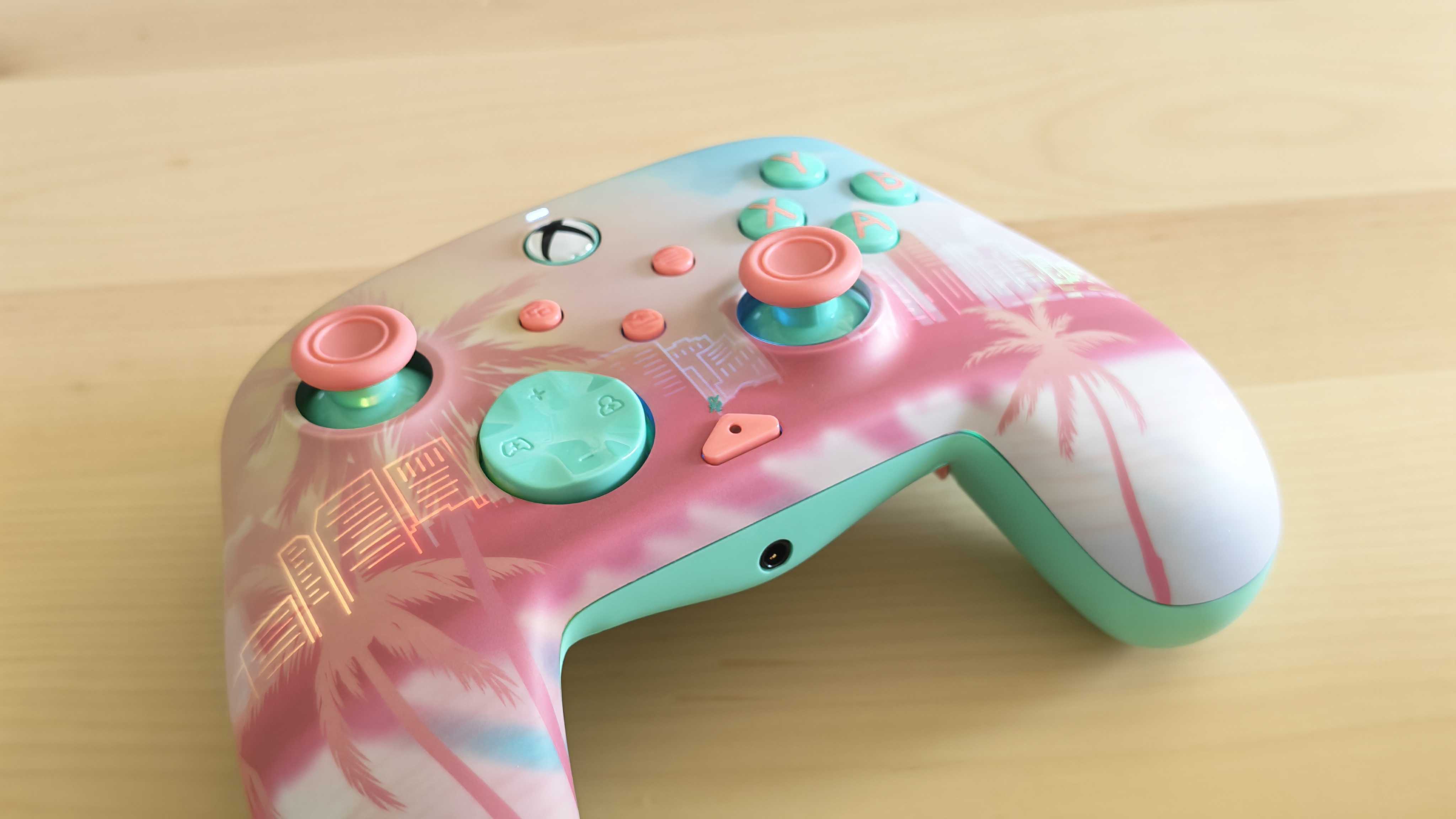 The Turtle Beach Pacific Skyline Wireless Controller on a clean wooden surface.