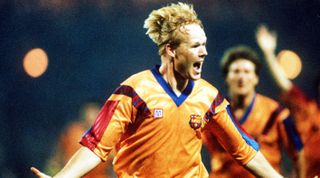 May 1992: Ronald Koeman celebrates after scoring for Barcelona during the European Cup Final between Barcelona v Sampdoria. Barcelona won 1-0. Mandatory Credit: David Cannon/Getty Images
