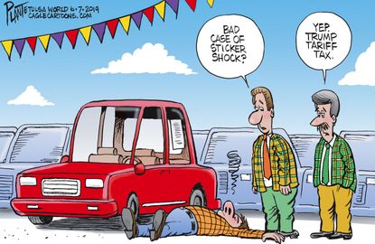 Political Cartoon U.S. Car Shopping Sticker Price Tariffs Trump