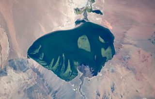 Space tourist Guy Laliberte snapped this photo of the western region of Mongolia, featuring Lake Har Us Nuur.