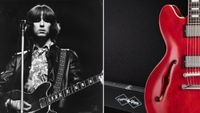 Eric Clapton performs onstage with Cream at the Royal Albert Hall in London on November 26, 1968 (left), a hint of the Epiphone Inspired by Gibson Custom Eric Clapton 1964 ES-335TDC Reissue model