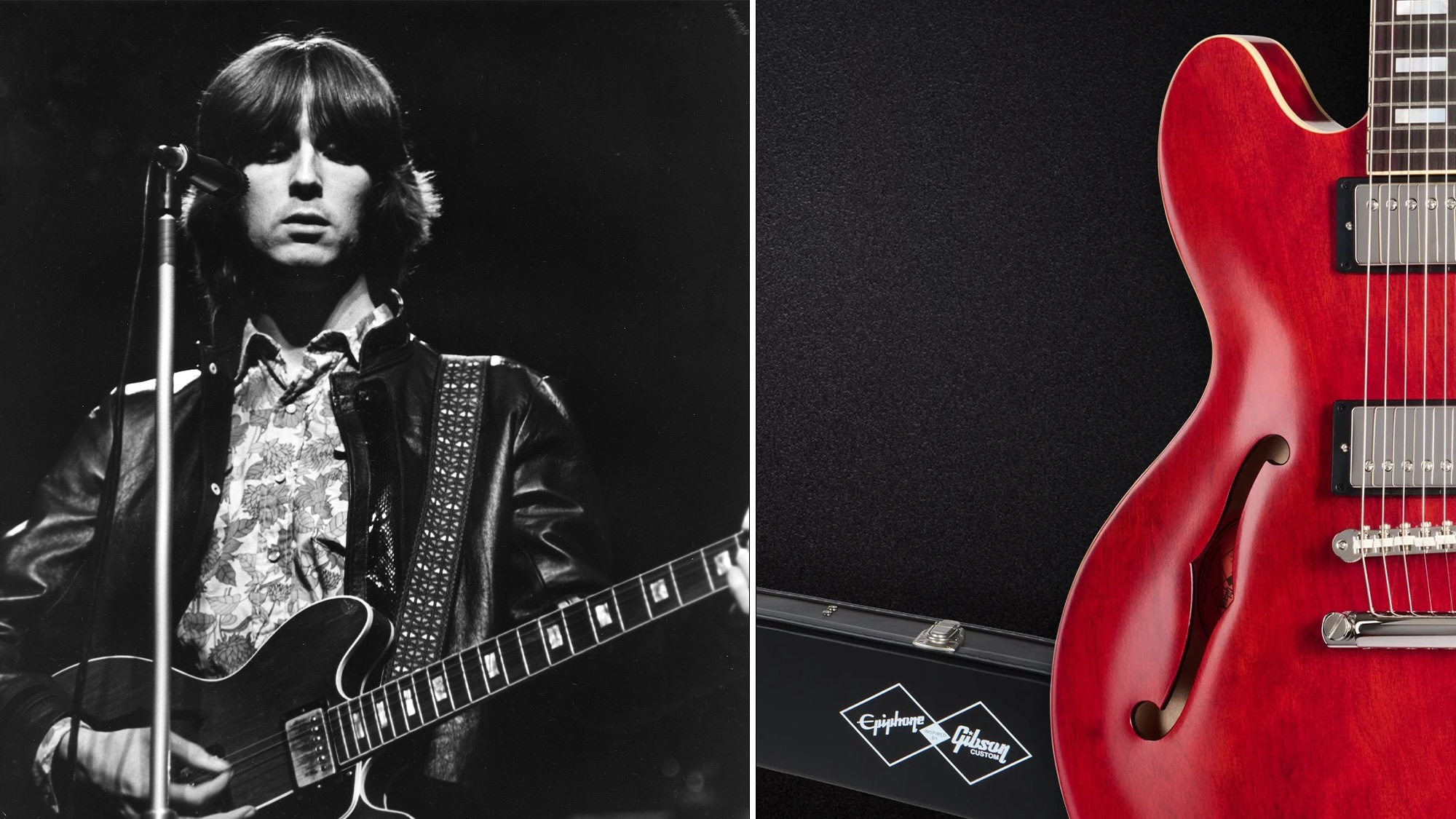 Eric Clapton performs onstage with Cream at the Royal Albert Hall in London on November 26, 1968 (left), a hint of the Epiphone Inspired by Gibson Custom Eric Clapton 1964 ES-335TDC Reissue model