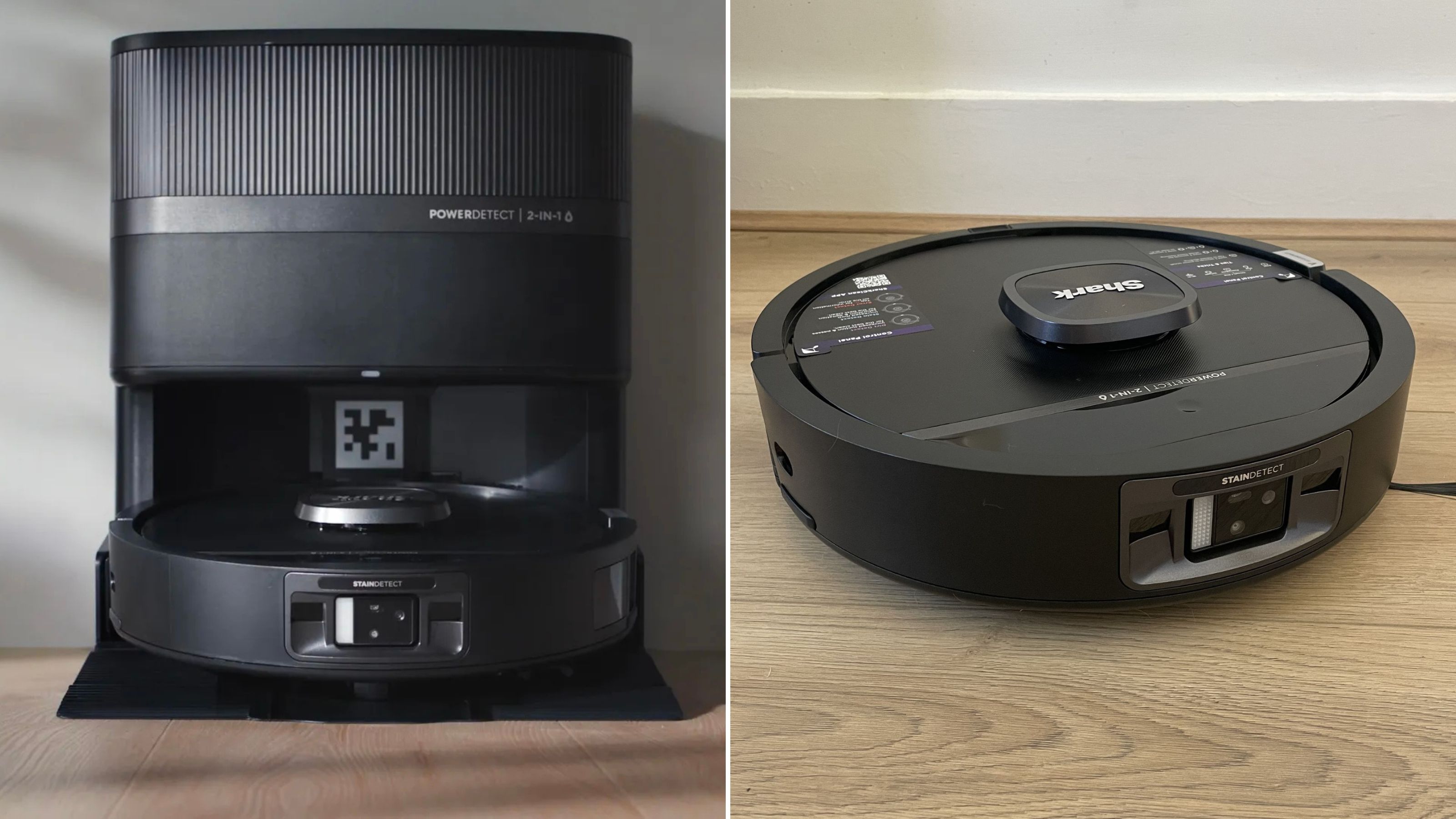 Shark UV Reveal robot vacuum cleaner and auto-empty station on the left, and a close-up shot of the bot sitting on wood-effect floors on the right