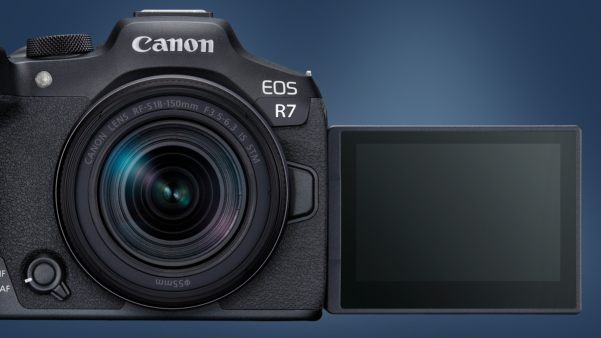 The Canon EOS R7 camera on a blue background
