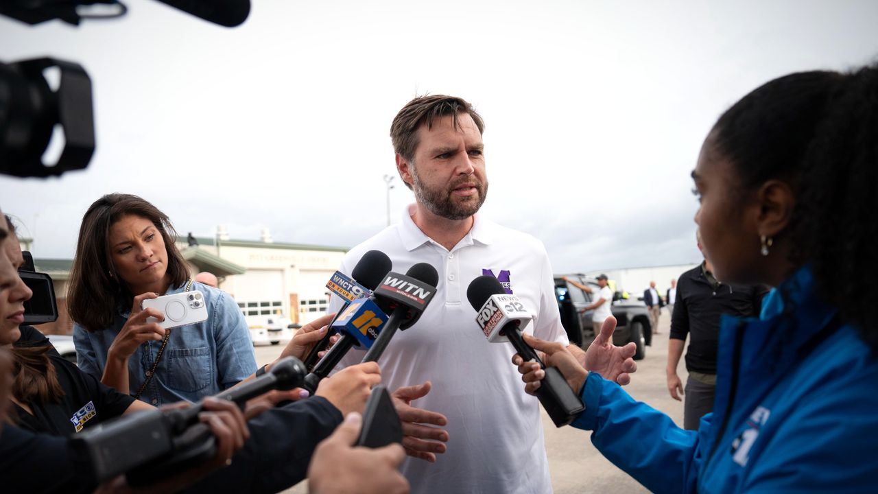 J.D. Vance talks to reporters in Greenville, North Carolina