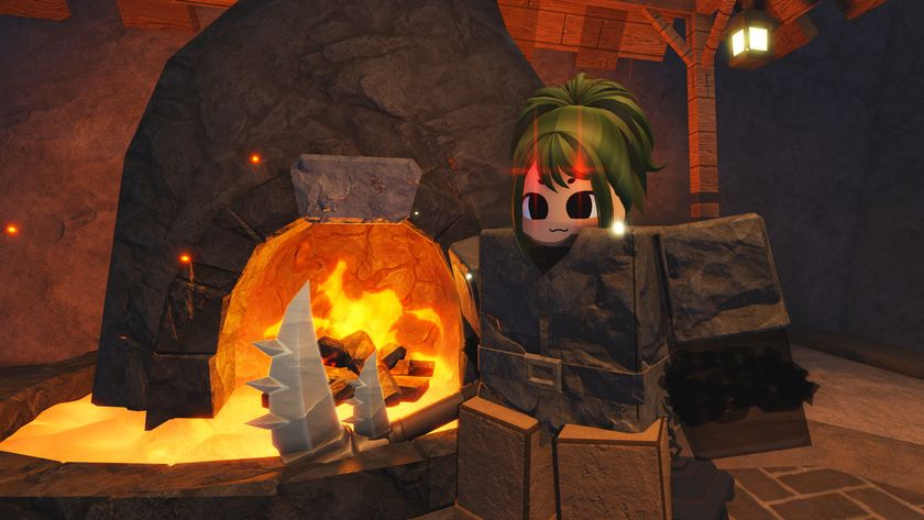 A player character holding a pickaxe in front of a fire in The Forge