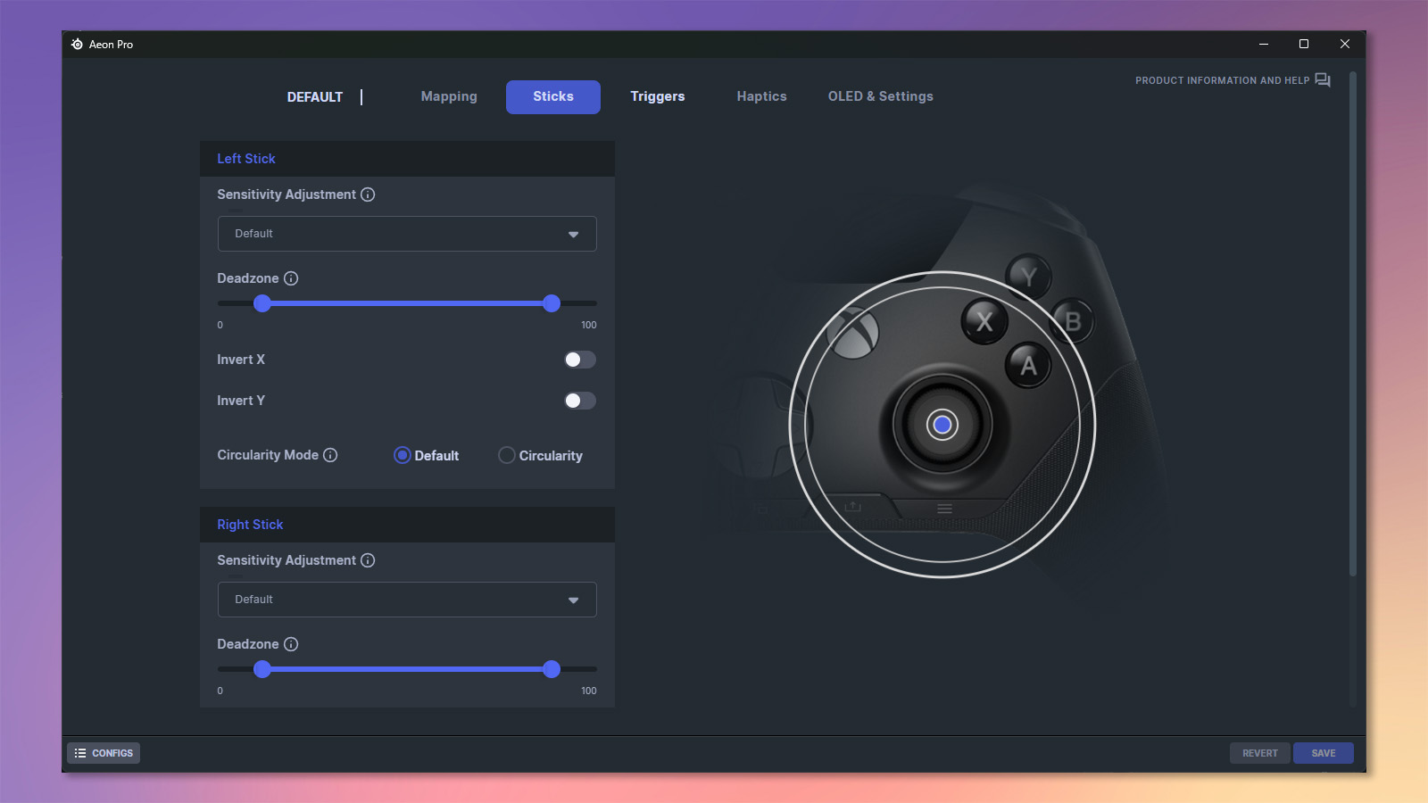 A screenshot of the SteelSeries GG app showing the Aeon Pro joysticks being adjusted