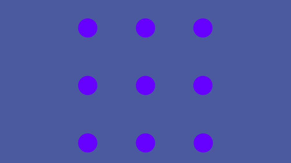 An optical illusion showing nine purple dots that seem to change colour on a bluish purple background