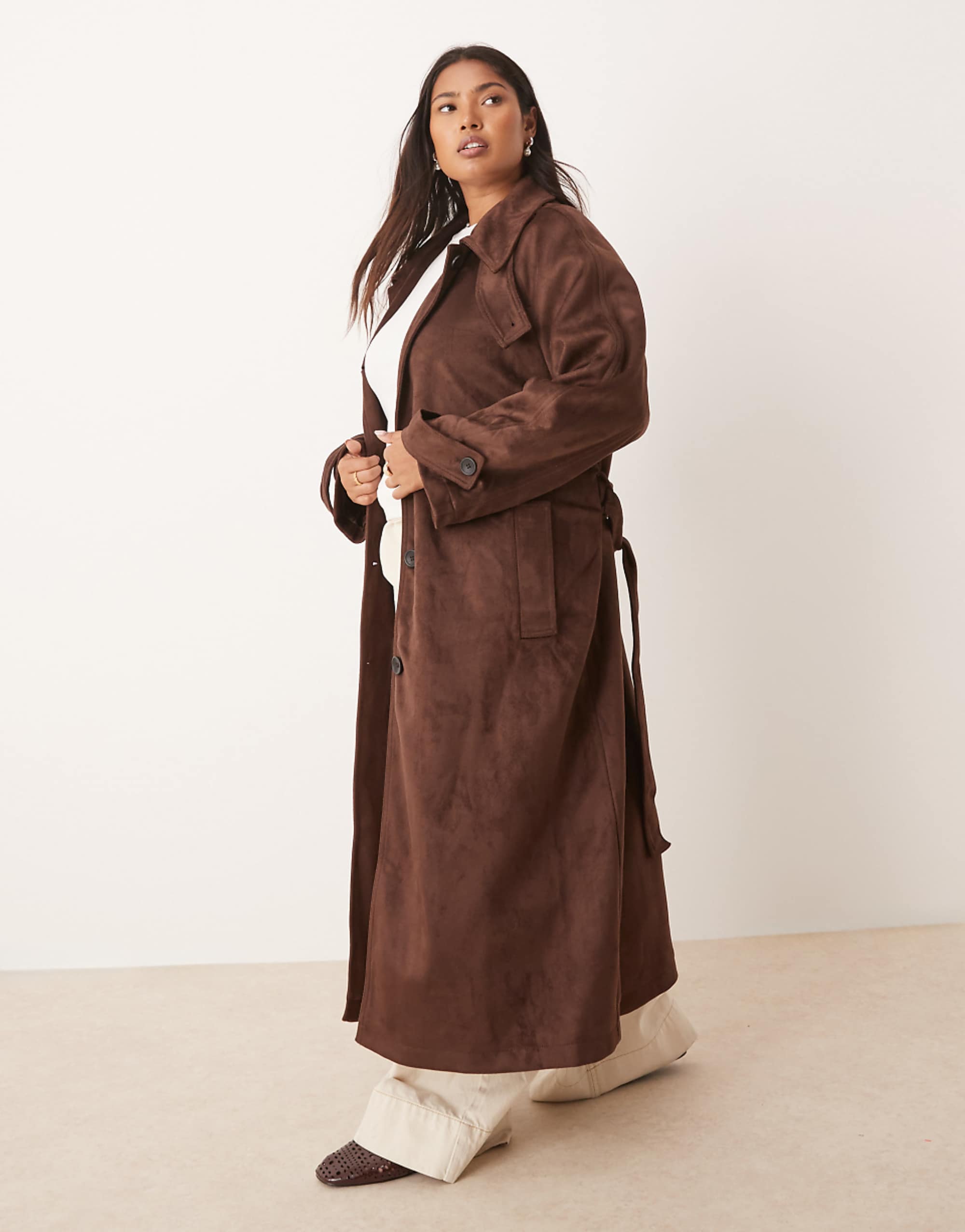 Asos Design Curve Faux Suede Funnel Neck Trench Coat in Chocolate