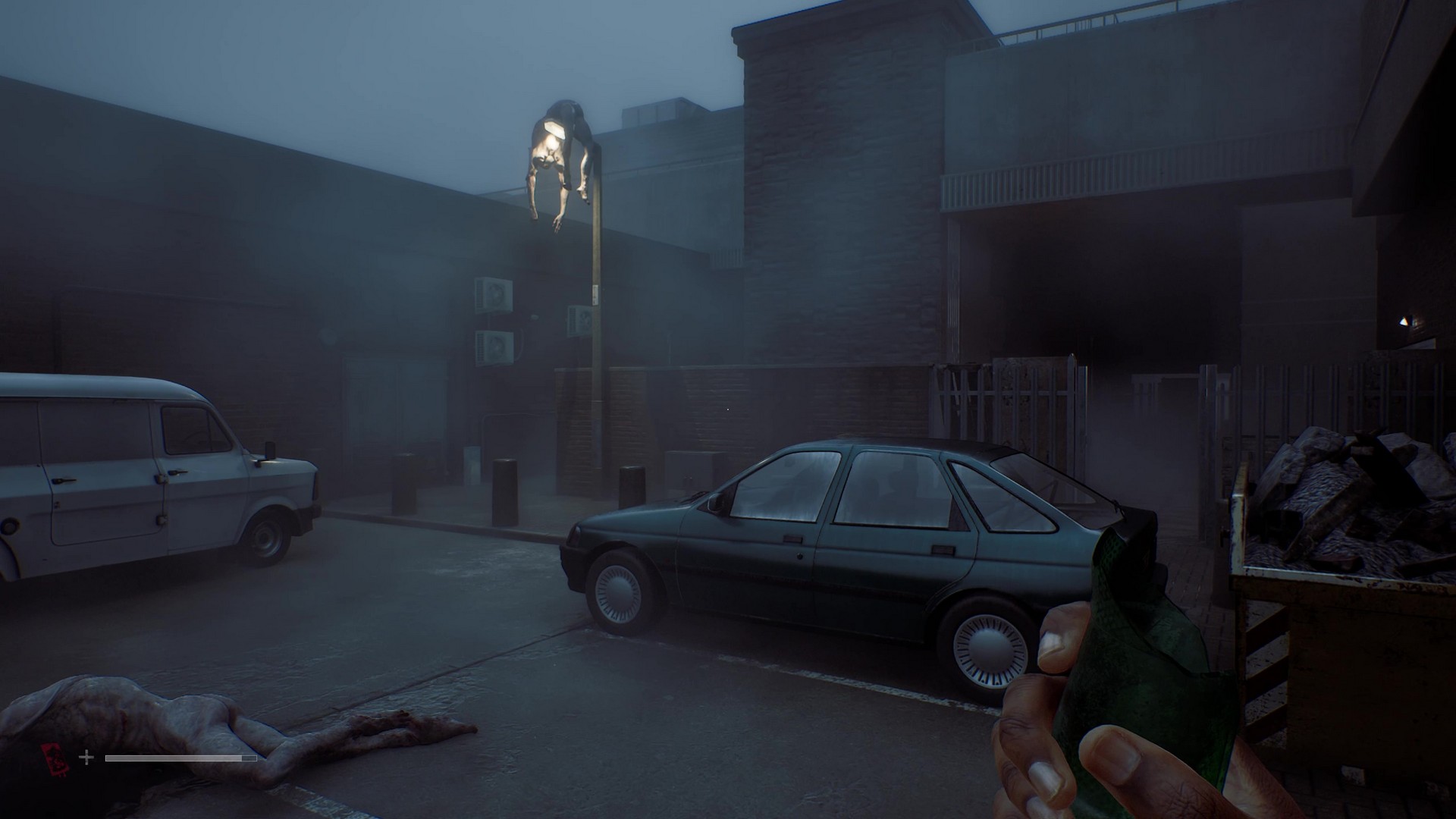 Enemies collapses on the ground in Silent Hill Townfall, with one draped over a street lamp
