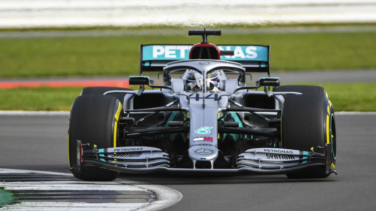 Lewis Hamilton drives the Mercedes W11 at Silverstone