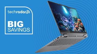 The Lenovo - Yoga 7i mid-turn between tablet and tablet mode, on a blue background next to a white TechRadar badge that reads 'Big Savings'