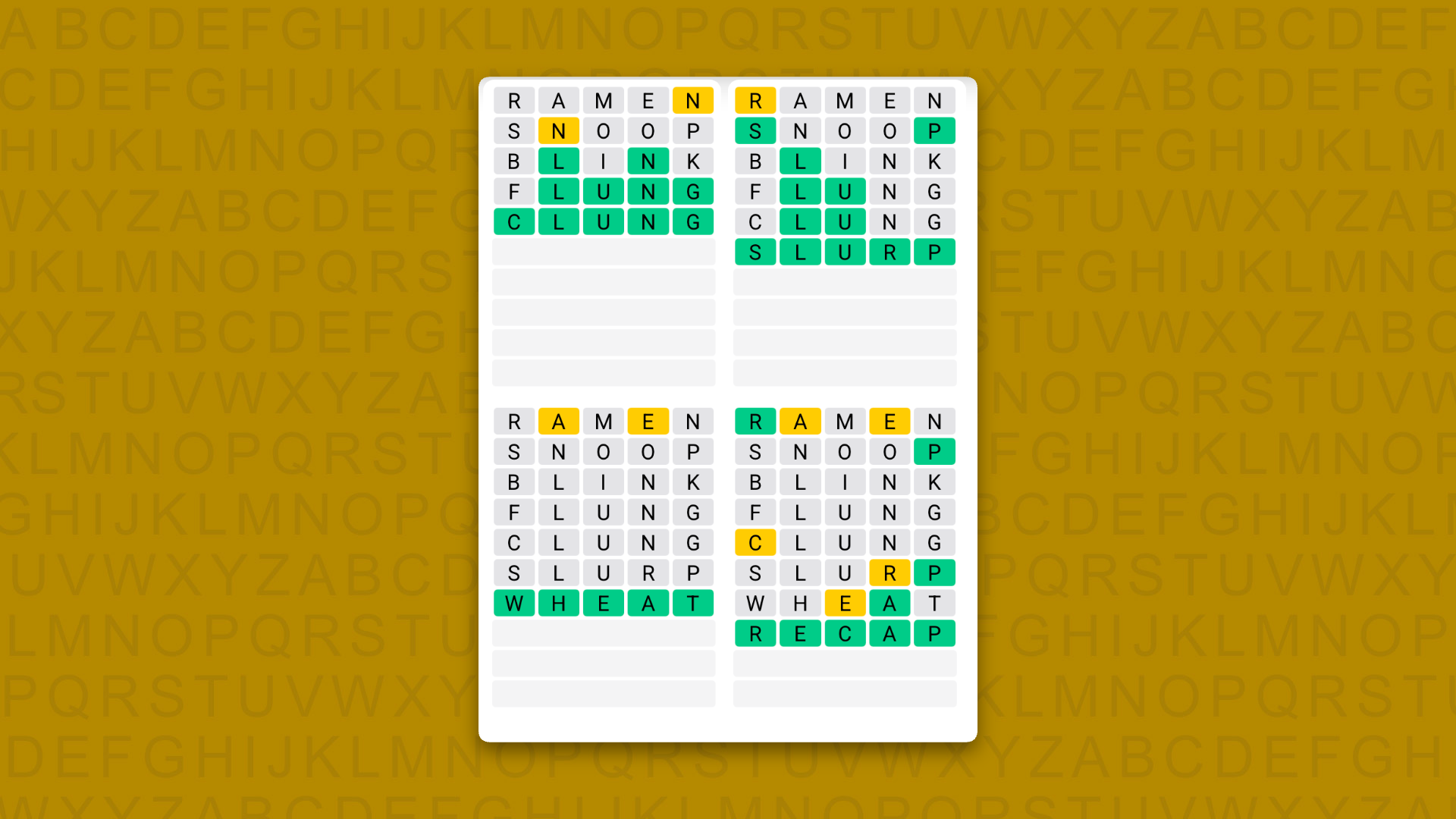 Quordle Daily Sequence answers for game 1711 on a yellow background