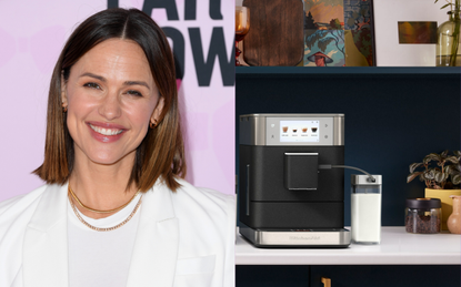 A split image with a headshot of Jennifer Garner smiling at the camera and a picture of a KitchenAid automatic coffee machine on a kitchen counter