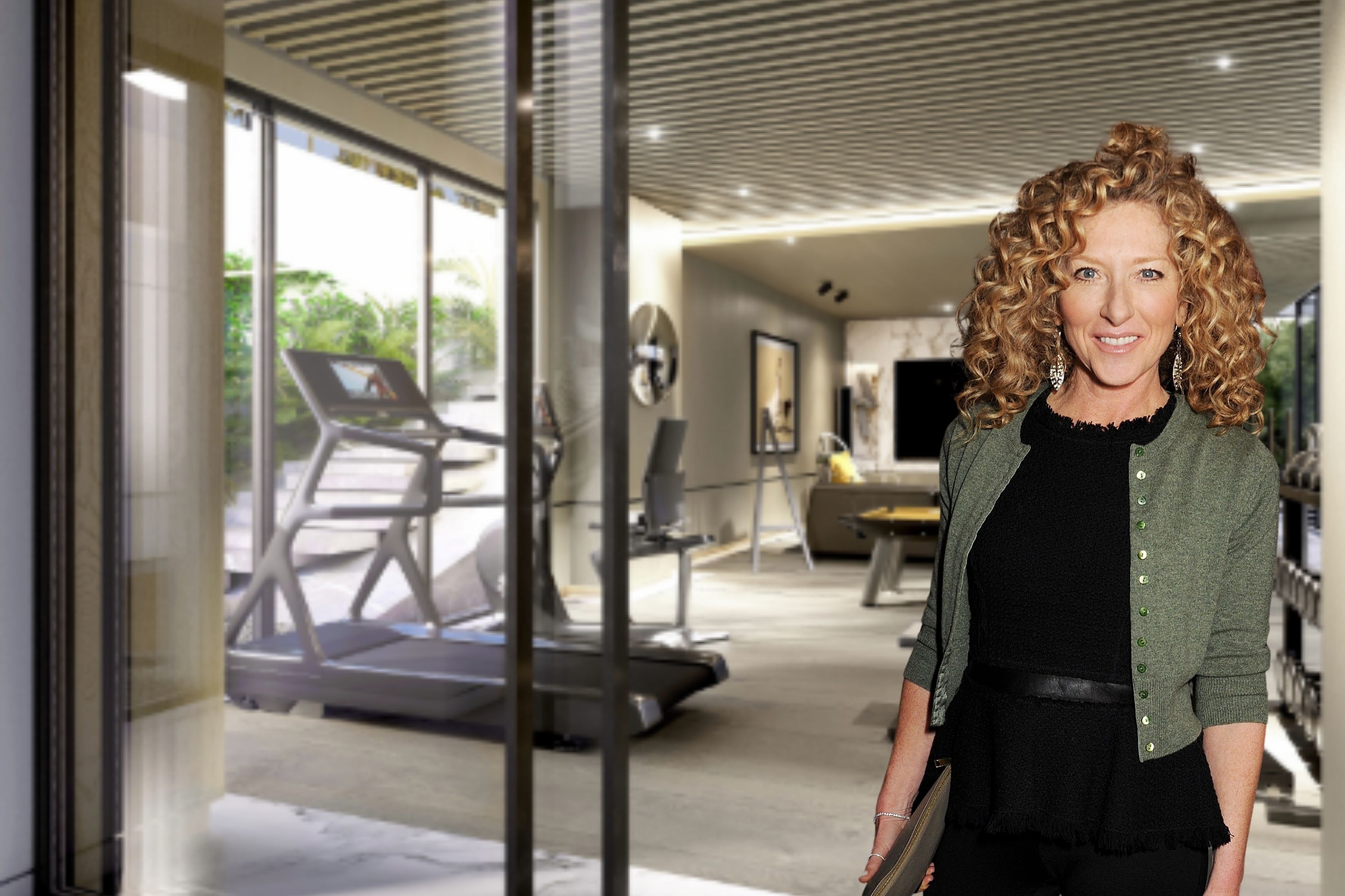 A comp image of a home gym with Kelly Hoppen on the right 
