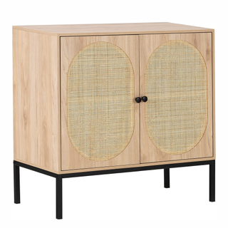Sideboard with black metal legs and door knobs, and rounded rattan detailing on the doors