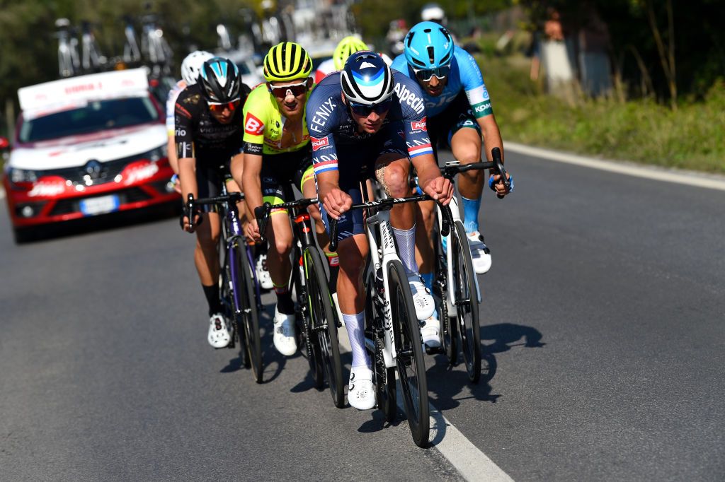 MONTECATINI TERME ITALY MARCH 25 Mathieu Van Der Poel of Netherlands and Team AlpecinFenix leads The Breakaway during the 36th Settimana Internazionale Coppi e Bartali 2022 Stage 4 a 1587km stage from Montecatini to Montecatini CoppieBartali on March 25 2022 in Montecatini Terme Italy Photo by Dario BelingheriGetty Images