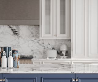 Empty white marble neo-classical stone kitchen island countertop