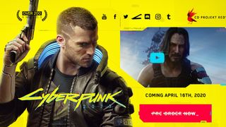 Promo for Cyberpunk 2077 featuring man in futuristic jacket holding a gun, and an inset video showing Keanu Reeves