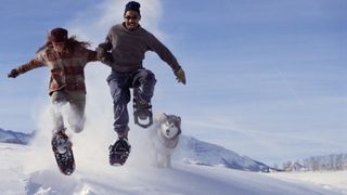 A couple jump up in the air wearing snowshoes with their husky behind them