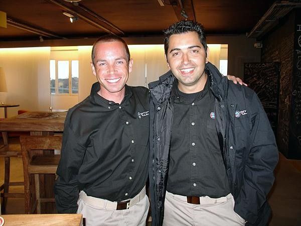 The author poses with Federico Checci, one of the Team Whistle soigneurs. Checci worked for both the Mercantone Uno and Saeco teams.
