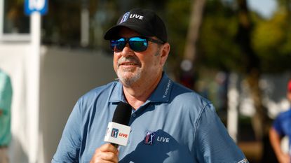 Mark Carnevale holds a PGA Tour Radio Live microphone at the Valspar Championship in March 2024