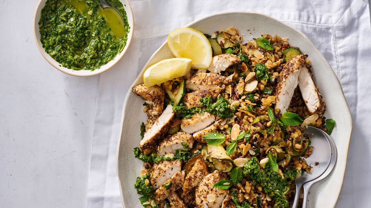 Warm chicken and grain salad with green harissa 