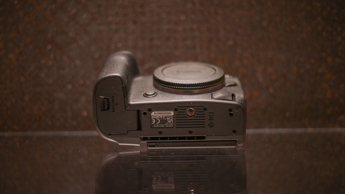Canon EOS R5 Mark II against a dark background