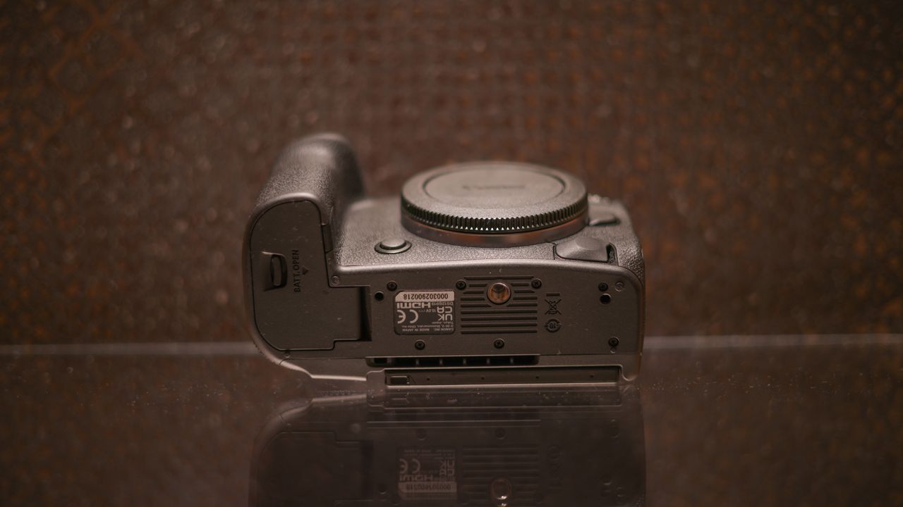 Canon EOS R5 Mark II against a dark background