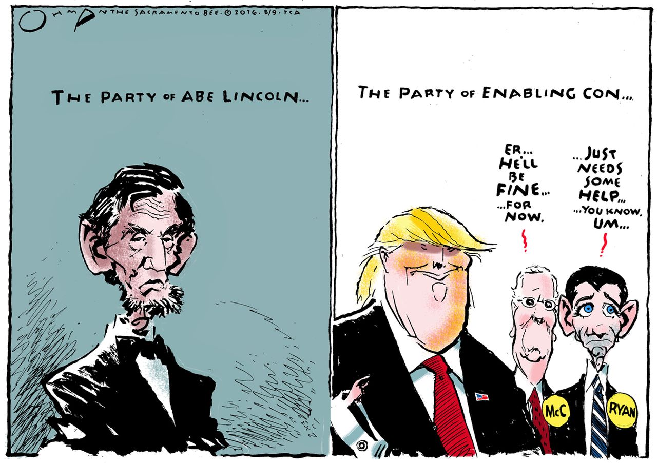 Political cartoon U.S. Republican party Abraham Lincoln Donald Trump