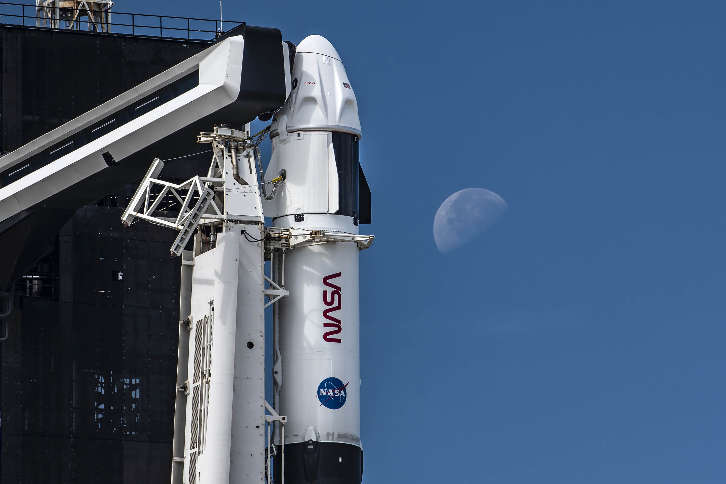 Top Stories Tamfitronics SpaceX's Crew Dragon Endurance is seen with the moon as it awaits a Nov. 3, 2021 launch from Pad 39A of NASA's Kennedy Space Center in Cape Canaveral, Florida.