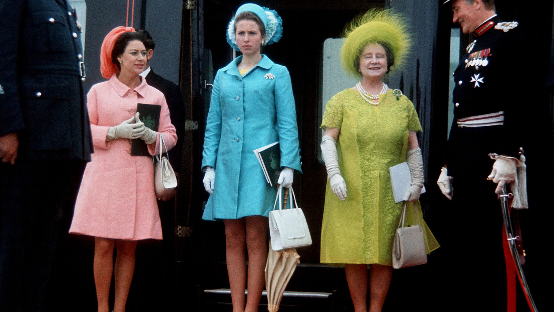 Princess Margaret, Princess Anne and Queen Elizabeth, The Queen Mother arrive to attend the investiture of King Charles as the Prince of Wales at Caernarvon Castle on July 1, 1969