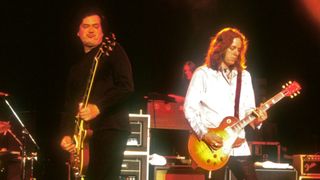 Jimmy Page and Rich Robinson of The Black Crowes during Jimmy Page & The Black Crowes in Concert at The Greek Theatre in Los Angeles, California, United States.